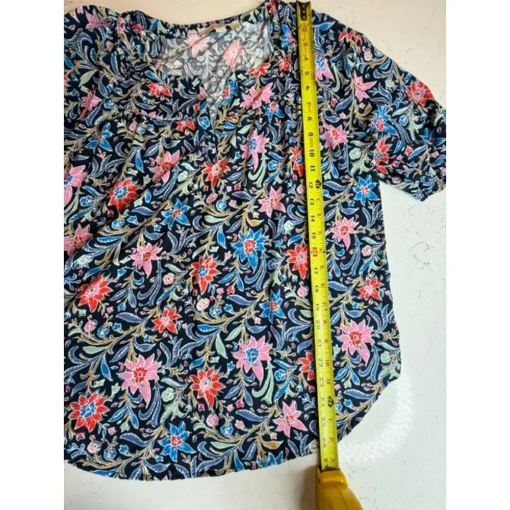 Loft Deep V-Neck Colorful Floral Blouse Puff Sleeve Sz Large